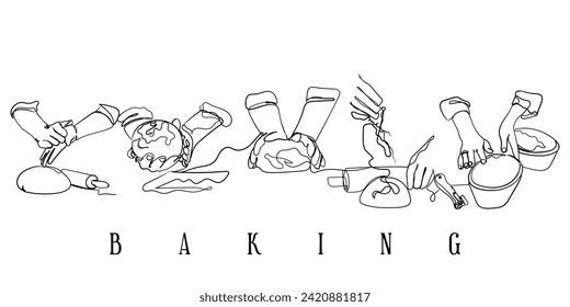 hand drawn line art vector of Home made sourdough bread prep process. Bakers and their hard work. Bread making industry.