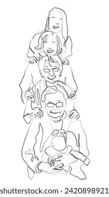 hand drawn line art vector of five generations of a family. Motherhood concept.