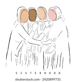 hand drawn line art vector of four muslim women in hijab hugging eachother. Muslim Sisterhood. 