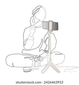 Hand drawn line art vector of a makeup influencer. Makeup tutorials and products. Make up Industry poster art