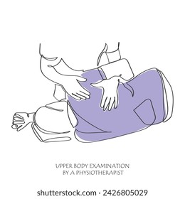 Hand drawn line art vector of Physiotherapy. Fitness training art. Joint Mobility and functionality exercises. Elderly patient at physiotherapist office for injury exercises. Chiropractic treatment.