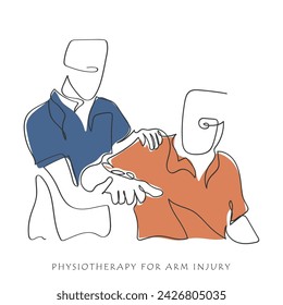 Hand drawn line art vector of Physiotherapy. Fitness training art. Joint Mobility and functionality exercises. Elderly patient at physiotherapist office for injury exercises. Chiropractic treatment.