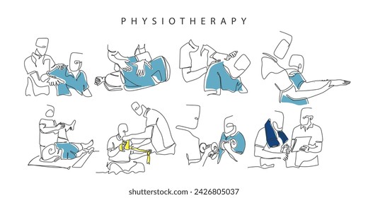 Hand drawn line art vector of Physiotherapy. Fitness training art. Joint Mobility and functionality exercises. Elderly patient at physiotherapist office for injury exercises. Chiropractic treatment.