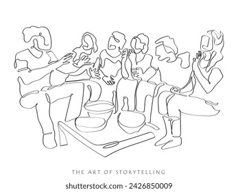 hand drawn line art vector of a guy telling story to his friends. Continuous line art of storytelling concept. The art of telling stories.