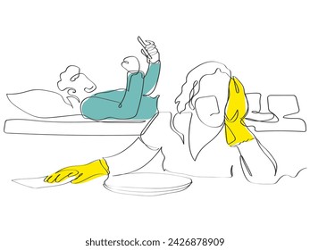 Hand drawn line art vector of a frustrated and depressed woman busy in chores and a lazy man playing video games on phone.