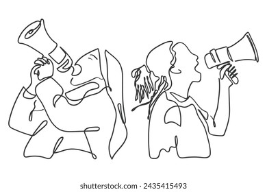 Línea dibujada a mano vector de arte de los protestantes. Manos levantadas con altavoces y carteles. 