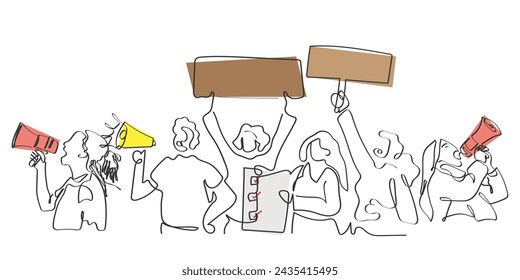 Línea dibujada a mano vector de arte de los protestantes. Manos levantadas con altavoces y carteles. 