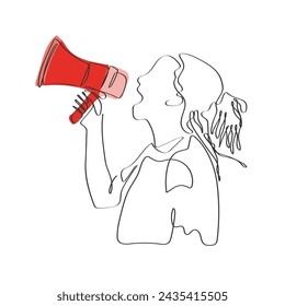 Línea dibujada a mano vector de arte de los protestantes. Manos levantadas con altavoces y carteles. 