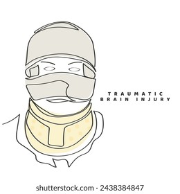 hand drawn line art vector of a man suffering from traumatic brain injury. Bandage on head.