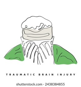 hand drawn line art vector of a man suffering from traumatic brain injury. Bandage on head.