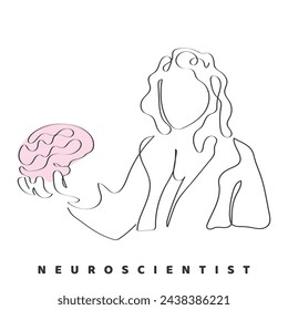 hand drawn line art vector of a woman holding human brain. Neuroscientist or neurosurgeon line art. 