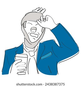 hand drawn line art vector of a man in suit and bandage around head holding coffee. Corporate sector funny representation of relentless working hours rules.