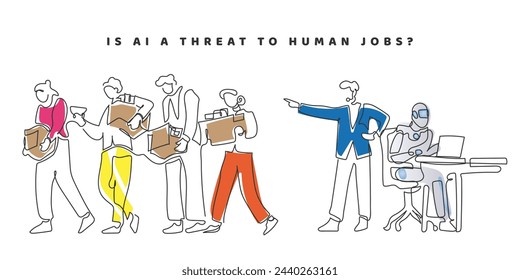 Hand drawn line art vector of office workers being kicked out of office and AI is replacing them. Concept of AI and Human Jobs Crisis. 