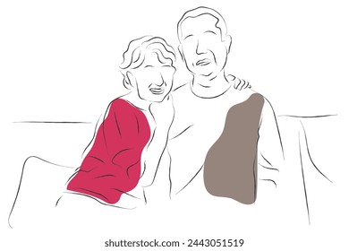 Hand drawn line art vector of Old couple. Healthy aging and healthy relationship. Grow old together. Psychology of Marital bliss. Elderly health.