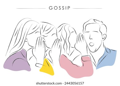 Hand drawn line art vector of people gossiping. Badmouthing and backiting someone. Dont gossip. Gossiping and rumors in corporate sector.