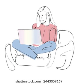 Hand gezeichnete Linie Kunst Vektor einer jungen Frau sitzt auf einem Sofa mit Laptop auf ihrem Schoß. Fibromyalgie und chronisches Erschöpfungssyndrom. Migräne und schlechte Arbeitsbedingungen. Überarbeitete Frau. 