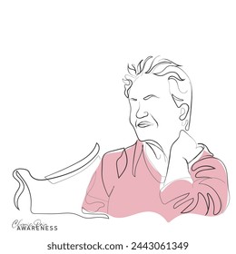 Hand drawn line art vector of elderly woman rubbing her muscles to relieve muscular pain. Old age chronic pain and fatigue. Elderly health awareness.