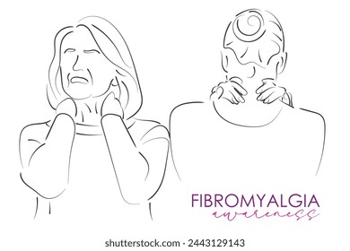 Hand drawn line art vector of Fibromyalgia awareness. Chronic fatigue syndrome. Chronic pain and its awareness.