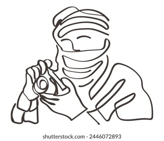 Hand drawn line art vector of a man holding camera. Legendary work of legendary people. Photography