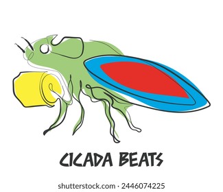 hand drawn line art vector of a cicada beating the drum. The card says cicada beats. Season of cicada and spring.