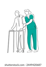 Hand drawn line art vector of Hospice care. Nurse and patients concept. Hospital care for elderly and patients in recovery.