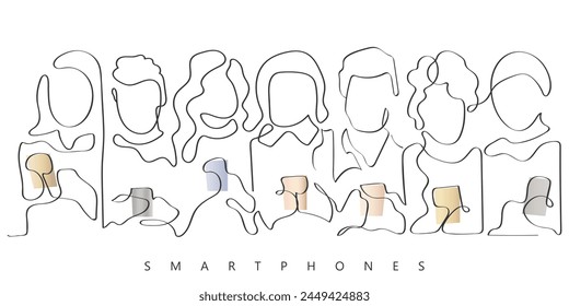 hand drawn line art vector of many people using smartphones. Smartphones addiction concept. Age of social media and over exposure.