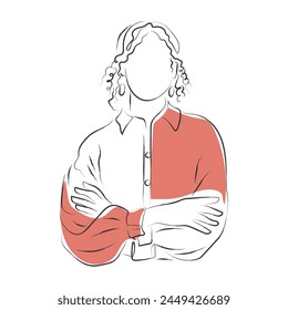 Hand drawn line art vector of a confident woman standing with arms folded. Woman entrepreneur.
