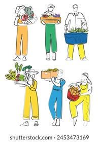 HAND DRAWN LINE ART VECTOR OF Gardner. GARDENING CONCEPT. fARMERS AND IMPPRTANCE OF FARMING. Organic food