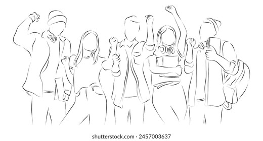 Hand drawn line art vector of teenager standing together carrying books and headphones. Excited young students. Students protest.