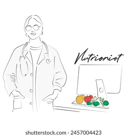 Vector de arte de línea dibujada a mano de nutricionista. Estudios de nutrición y dietética.