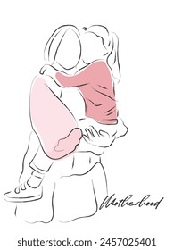 Hand drawn line art vector of a woman holding her little daughter. Mothers day.