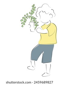 Hand drawn line art vector of little kid holding a plant pot. gardening and planting plants. Kids outdoor activity poster. 