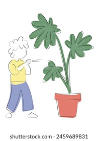 Vector de arte de línea dibujada a mano de niño pequeño sosteniendo una maceta de plantas. jardinería y plantación de plantas. Afiche de actividades al aire libre para niños. 