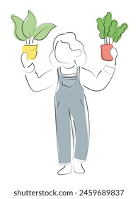 Hand drawn line art vector of little kid holding a plant pot. gardening and planting plants. Kids outdoor activity poster. 