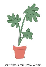 hand drawn line art vector of a plant pot with a plant of large green leaves. Concept of gardening and plant lovers 