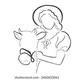 Hand drawn line art vector of girls in the farm. American wild west farms and cowboy culture. Cowgirls concept. 