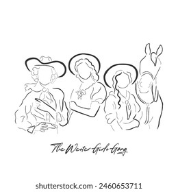 Handgezeichnete Linie Kunst Vektorgrafik von Cowgirls mit Cowboy-Hüten. In: American Rodeo and Wild West Culture. Mutige unabhängige Frauen als Cowgirls Konzept.