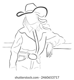 Hand drawn line art vector of Cowgirls with cowboy hats. American rodeo and wild west culture. Brave independent women as cowgirls concept.