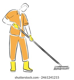 Hand drawn line art vector of a cleaner with a broom. Sweeper collecting garbage from ground.