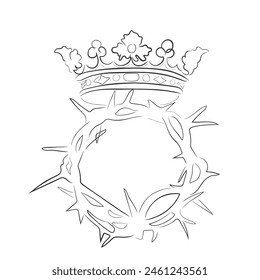 Hand drawn line art vector of a crown placed on thorns. Hardships and responsibilities that come with authority concept.