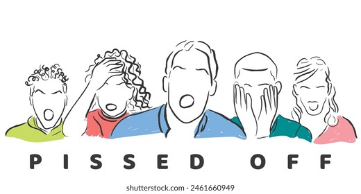 Vector de arte de líneas dibujadas a mano de personas enojadas. Frustración en el equipo debido al concepto de pérdida. Ira y angustia en el lugar de trabajo.