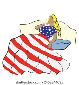 Hand drawn line art vector of American beauty sleeping in star and stripped American flag.