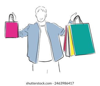 Hand drawn line art vector of a man shopping and holding bags. Happy shopping concept.