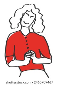 Vector de arte de línea dibujada a mano de una niña sonriendo astutamente. Arte de garabatos de chica joven.