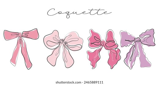 Hand drawn line art vector of coquette bows. Coquette girly elements.