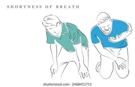 hAND DRAWN LINE ART VECTOR OF A MAN SHOWING SIGNS OF CARDIAC ARREST. sHORTNESS OF BREATH AND CHEST PAIN.