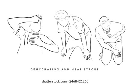 Hand drawn line art vector of a man suffering from shortness of breath, heart congestion and exhaustion due to back ache. 