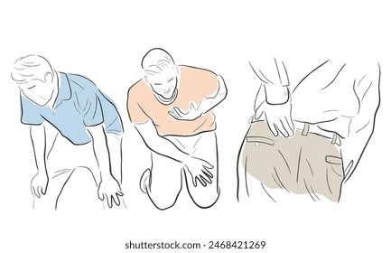 Hand drawn line art vector of a man suffering from shortness of breath, heart congestion and exhaustion due to back ache. 