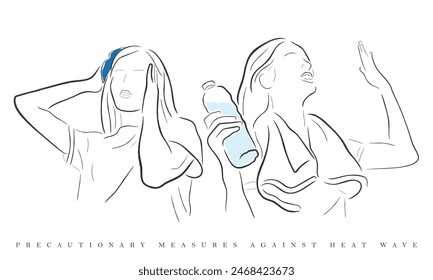 hand drawn line art vector of heat stroke. Risk factors and precautionary measures against it. 