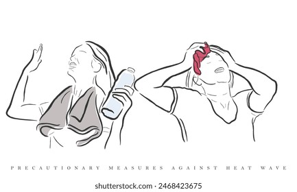 línea dibujada a mano Vector de golpe de calor. Factores de riesgo y medidas de precaución en su contra. 